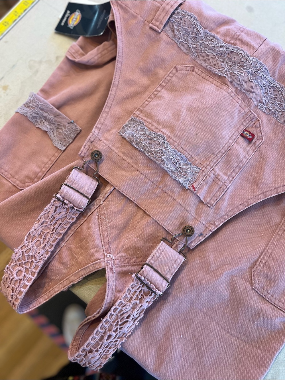 Dickies Upcycled NWT Pink Lace-Trim Pocket Overalls Jumpsuit